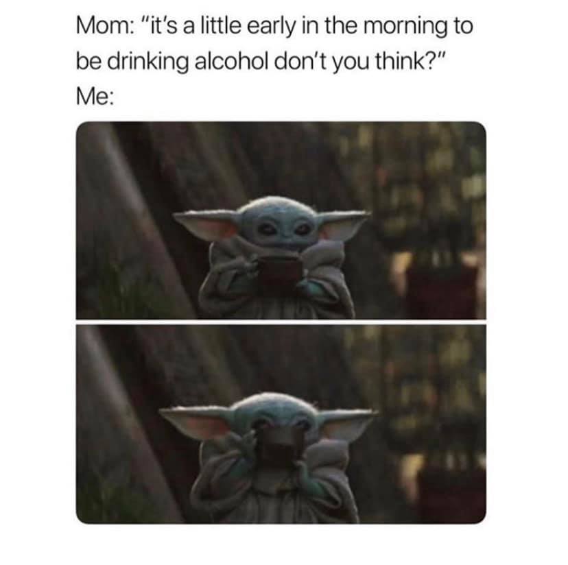 The meme is a picture of a cartoon character, Baby Yoda, from the Star Wars franchise. The image shows Baby Yoda looking surprised or confused, with a caption that reads "I don't drink coffee. I drink tea. I like tea. I drink tea. I like tea."